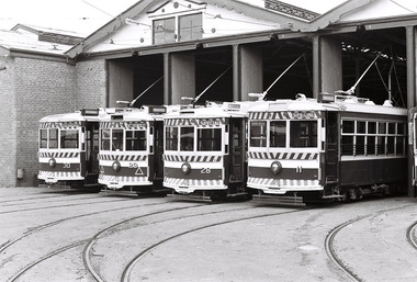 11147.2a No 30, 29, 28 and 11 Birney Cars lined up at the Depot