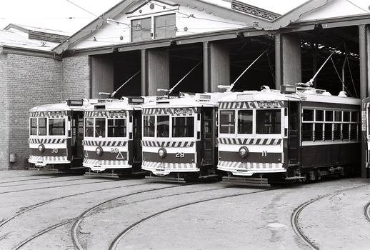 11147.2b No 30, 29, 28 and 11 Birney Cars lined up at the Depot