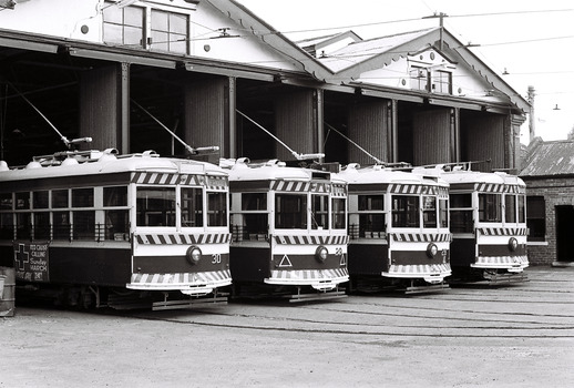 11147.2c No 30, 29, 28 and 11 Birney Cars lined up at the Depot