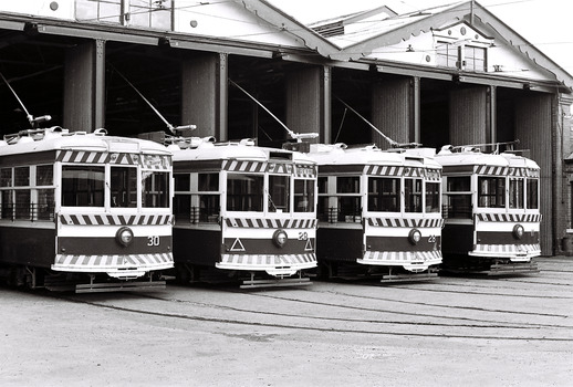 11147.2d No 30, 29, 28 and 11 Birney Cars lined up at the Depot