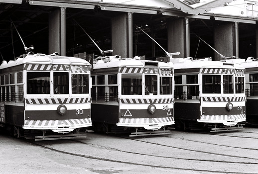 11147.2e No 30, 29, 28 Birney Cars lined up at the Depot