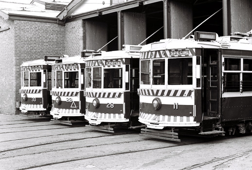 11147.2g No 30, 29, 28 and 11 Birney Cars lined up at the Depot
