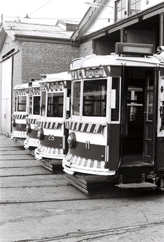 11147.2h No 30, 29, 28 and 11 Birney Cars lined up at the Depot