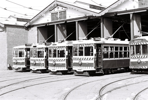 11147.2i No 30, 29, 28 and 11 Birney Cars and No 25 lined up at the Depot