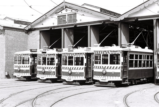 11147.2j No 30, 29, 28 and 11 Birney Cars and No 25 lined up at the Depot
