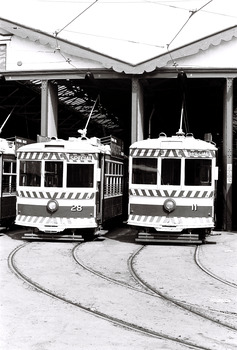 11147.2k No 28 and 11 Birney Cars lined up at the Depot