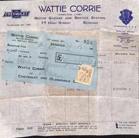 Ephemera - Invoices from Wattie Corrie, Chevrolet dealer of Bendigo, 1946