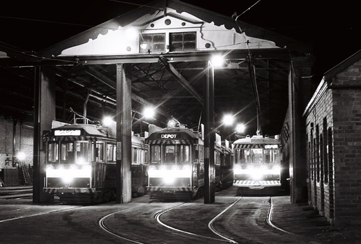 11147.3p Three trams lined up in the depot, possible early morning or evening