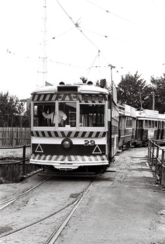 11147.6y Birney Car 29 and two others arriving at the depot