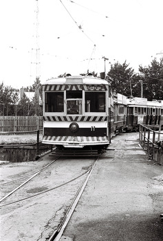 11147.6z Birney Car 11 and two others arriving at the depot