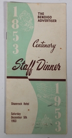 Ephemera - Bendigo Advertiser Centenary Staff Dinner Menu, 1977
