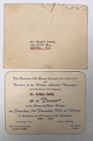 Ephemera - Bendigo Advertiser Centenary Staff Dinner Invitation