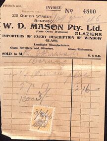 Ephemera - Invoice associated with W. D. Mason, Glazier of Bendigo, 1946