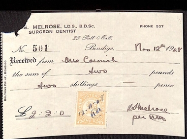 Ephemera - Invoice from S. Melrose, Surgeon Dentist of Bendigo, 1948