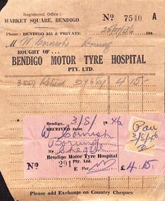 Ephemera - Invoice from Bendigo Motor Tyre Hospital, 1946