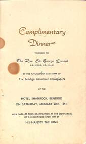 Ephemera - Dinner program to Sir George Lansell, 20/01/1951