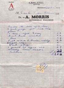 Ephemera - Invoice from A. Morris.  Automotive Engineer of Bendigo, 1946