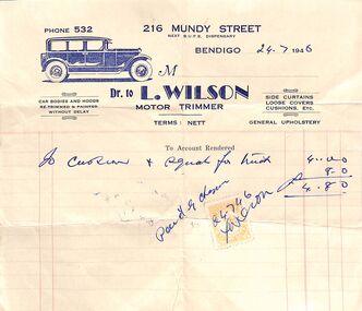 Ephemera - Invoice from L. Wilson.  Motor Trimmer of Bendigo, 1946