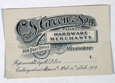Ephemera - S. Green & Son Calling card, 1919