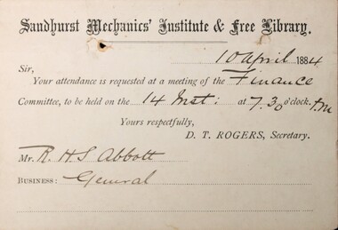 Ephemera - Sandhurst Mechanics' Institute & Free Library. Card, 1884