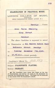 Certificate - Three Certificates from London College of Music, Examination in Practical Music.  1920, 1921, and 1922, 1920 1921 1922