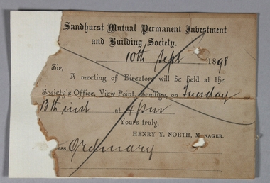 Ephemera - Sandhurst Mutual Permanent Investment and Building Society- card, 10//09/1898