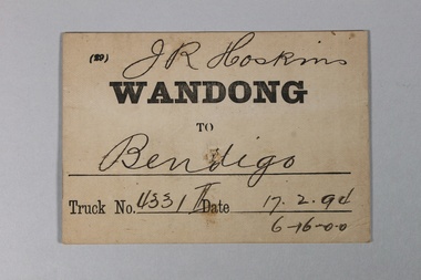 Ephemera - Wandong to Bendigo Card, 1894
