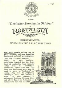 Document - Euro Fest menu and leaflet from 'Nostalgia Restaurant', Bendigo