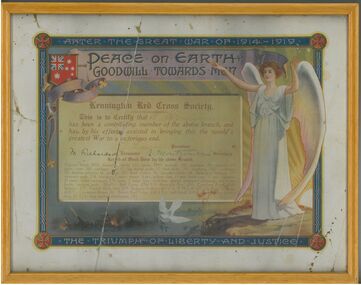 Certificate - Framed certificate pertaining to membership of W. Montgomerie to Kennington Red Cross branch