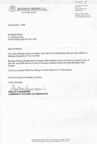 Letter - Kangaroo Flat Gold Mine Collection: Ralph Birrell, 3rd November, 1998