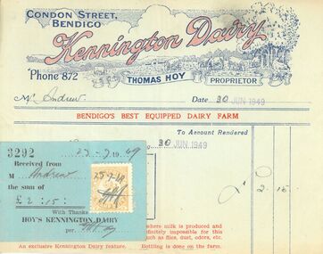 10 x Invoices from Kennington Dairy, Bendigo, 1940's