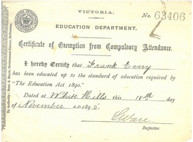 Certificate - Certificate of Exception from Compulsory Attendance from school