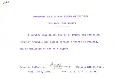 Certificate - Commonwealth Military Forces of Victoria Bugler's Certificate.  1903