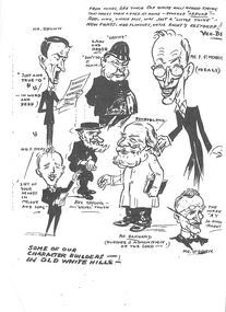 Ephemera - Sheet of cartoon drawings, letterhead from Everys store, and two typed sheets about employment kept by F. J. Every