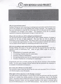 Document - Kangaroo Flat Gold Mine Collection: New Bendigo Gold Project Fact Sheet, Bendigo Mining NL, P.O. Box 2113, Mail Centre et al, Both documents undated