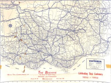 Map - Edith Perry Collection: Map of Victoria, produced by The Beehive celebrating their centenary 1852 - 1952 for patrons, 1952