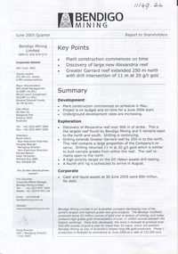 Document - Kangaroo Flat Gold Mine Collection: Bendigo Mining Shareholder Report, Bendigo Mining NL, July 2005