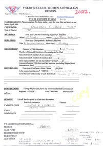 Document - Sister Club Application Form Eaglehawk Y Service Club, Y Service Club-Women Australian Region, Club Report Form, 2022