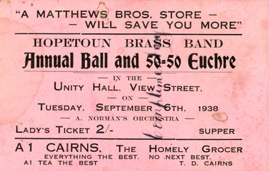 Ephemera - HOPETOUN BRASS BAND ANNUAL BALL Ticket, 1938