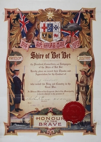 Certificate - Jack Lockett Collection: Shire of Bet Bet Great War Certificate, D. W. Paterson Co. Pty. Ltd. 495 Collins St. Melbourne, 1921