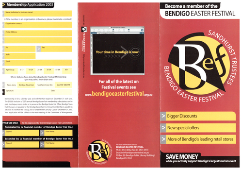 Sandhurst Trustees Bendigo Easter Festival - Membership Form  Front