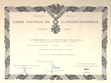 Certificate - Jack Lockett Collection: Legion of Honour Certificate and R.S.L. War Record, 1998