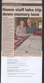 Newspaper - Skidmore Collection: Iris & David Skidmore reminisce about working at Hanro, newspaper cuttings from Bendigo Advertiser, 2010