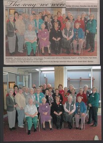 Newspaper - Skidmore Collection: 2011 Hanro staff reunion.  Newspaper cutting from Bendigo Advertiser and original colour photograph of the staff attending the reunion, 1934