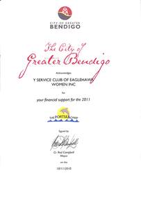 Document - Acknowledgement, The City of Greater Bendigo Acknowledges Y Service Club of Eaglehawk Women Inc