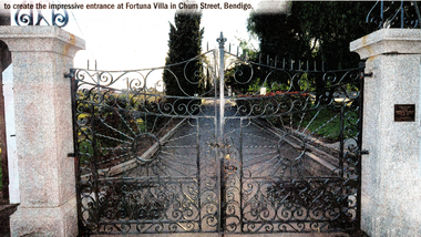 Black and white photo of the Fortuna metal gate in Chum Street