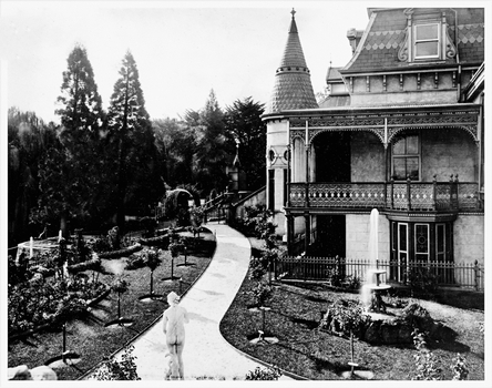 An 8 x 6 inch black and white photo of Fortuna and its gardens (as it was in 1900) including the fountain and pathways.