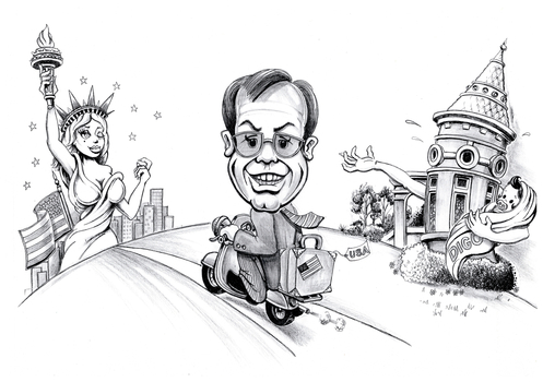 Six copies Black and White drawing by Jason Nickson (cleaner) presented to Brian McLachlon on his transfer to the USA. Drawing shows Brian on a motor bike being farewelled by the Fortuna Villa (holding a baby named DIGO) and welcomed by the Statue of Liberty and the US flag