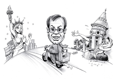 Six copies Black and White drawing by Jason Nickson (cleaner) presented to Brian McLachlon on his transfer to the USA. Drawing shows Brian on a motor bike being farewelled by the Fortuna Villa (holding a baby named DIGO) and welcomed by the Statue of Liberty and the US flag