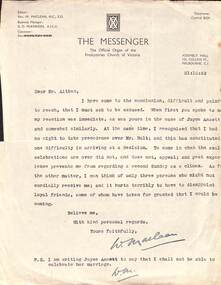 Letter - Skidmore Collection: Correspondence regarding attendance at the centenary (1854 1954) of the Presbyterian Church in Bendigo, 1953